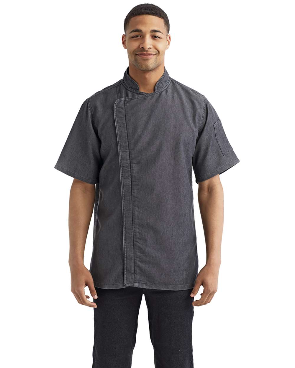 Unisex Zip-Close Short Sleeve Chef's Coat - OnModelFront - B413A1502 - Black Denim