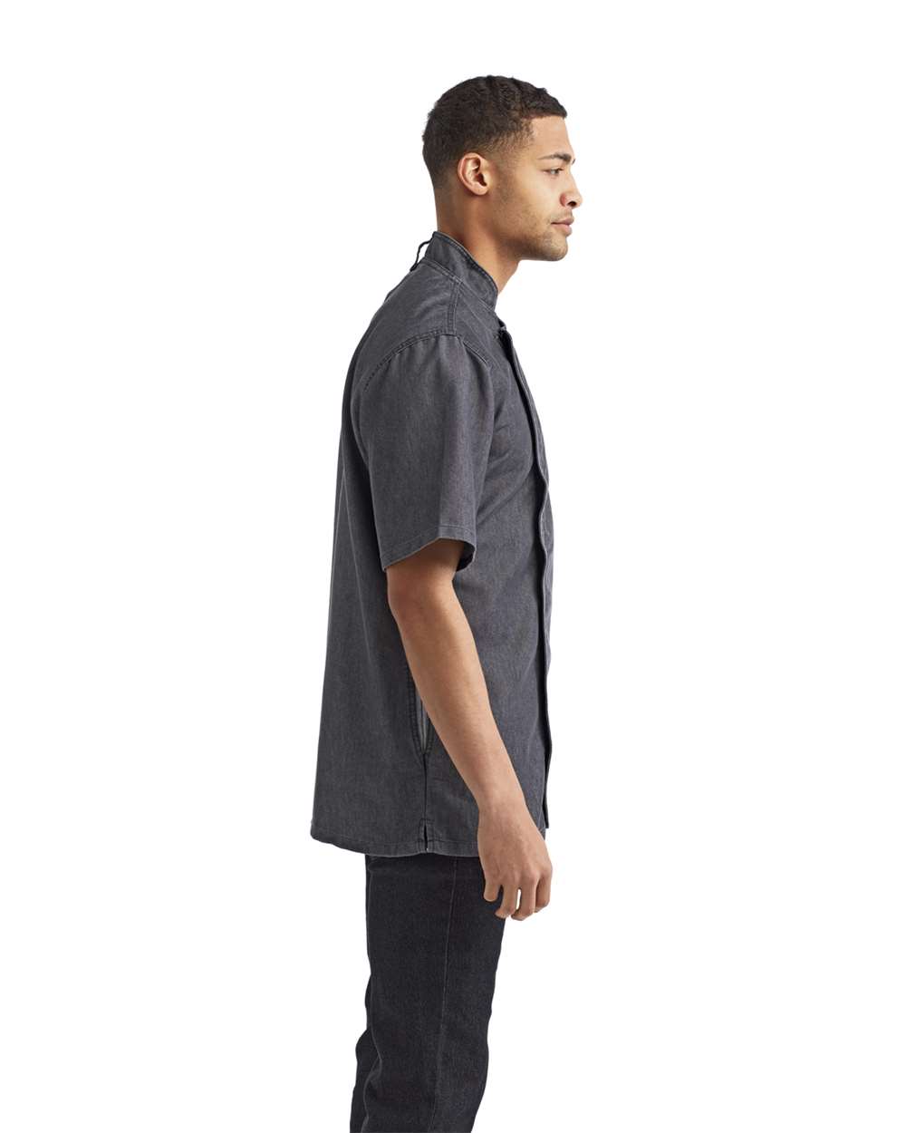 Unisex Zip-Close Short Sleeve Chef's Coat - OnModelSide - B413A1502 - Black Denim