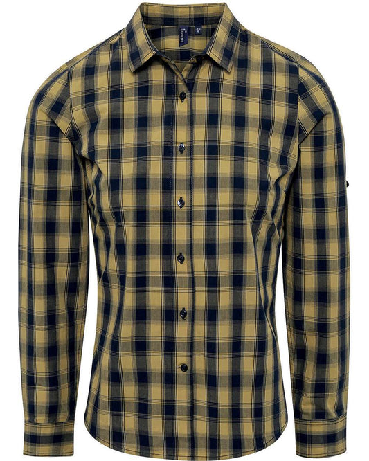 Women's Mulligan Check Cotton Dress Shirt - Front - B402A1122 - Camel/ Navy