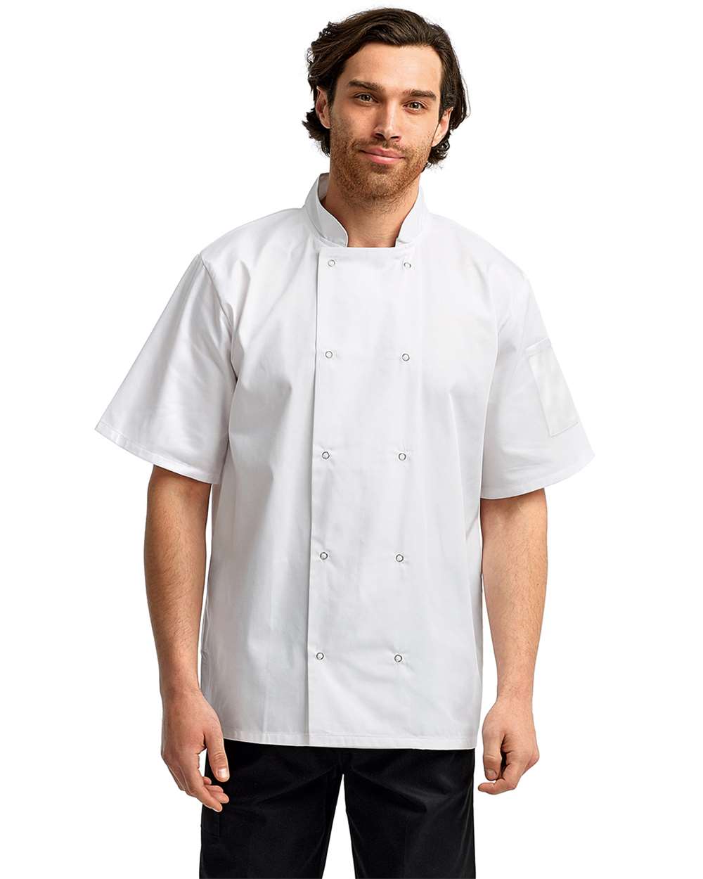 Unisex Ten Studded Front Short Sleeve Chef Coat - OnModelFront - B410A1002 - White