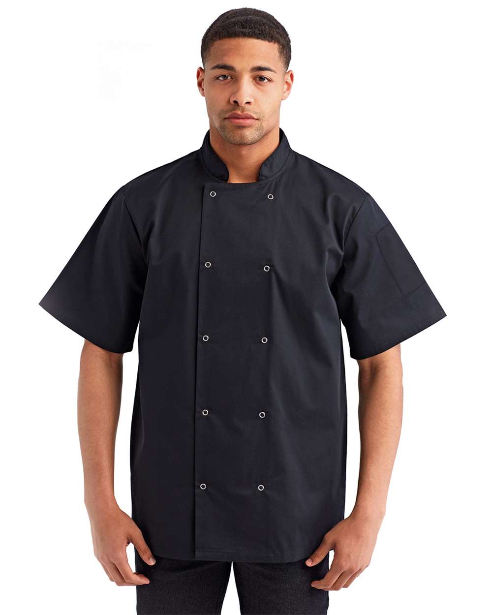 Unisex Ten Studded Front Short Sleeve Chef Coat - OnModelFront - B410A1502 - Black