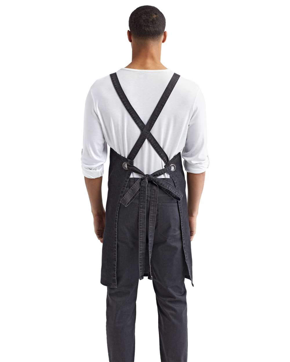 Cross Back Barista Apron with Pocket - OnModelBack - B386A1100 - Black Denim
