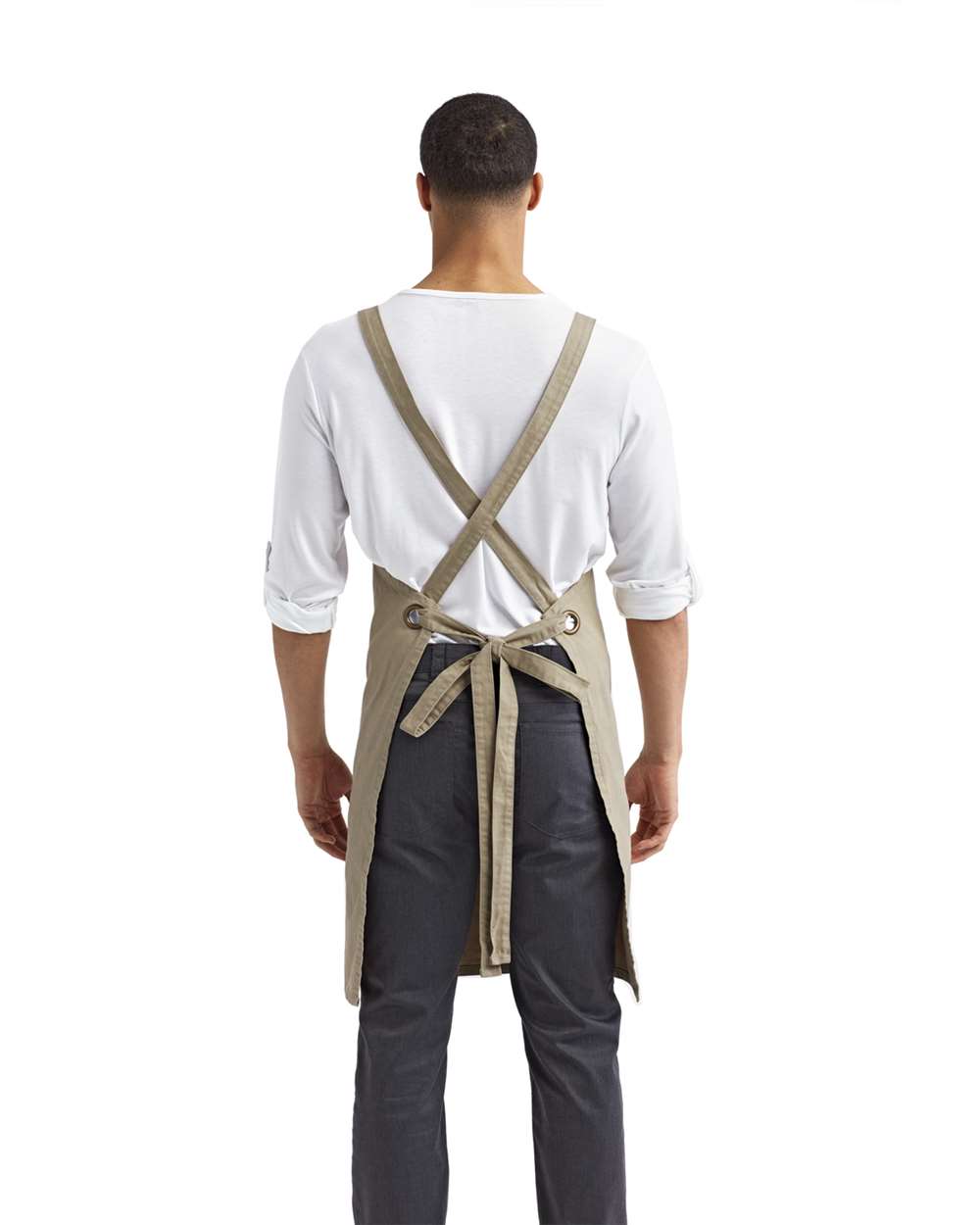 Cross Back Barista Apron with Pocket - OnModelBack - B386A1240 - Khaki