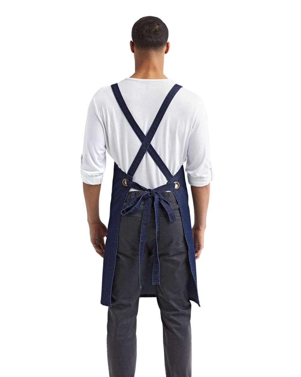 Cross Back Barista Apron with Pocket - OnModelBack - B386A1250 - Indigo Denim