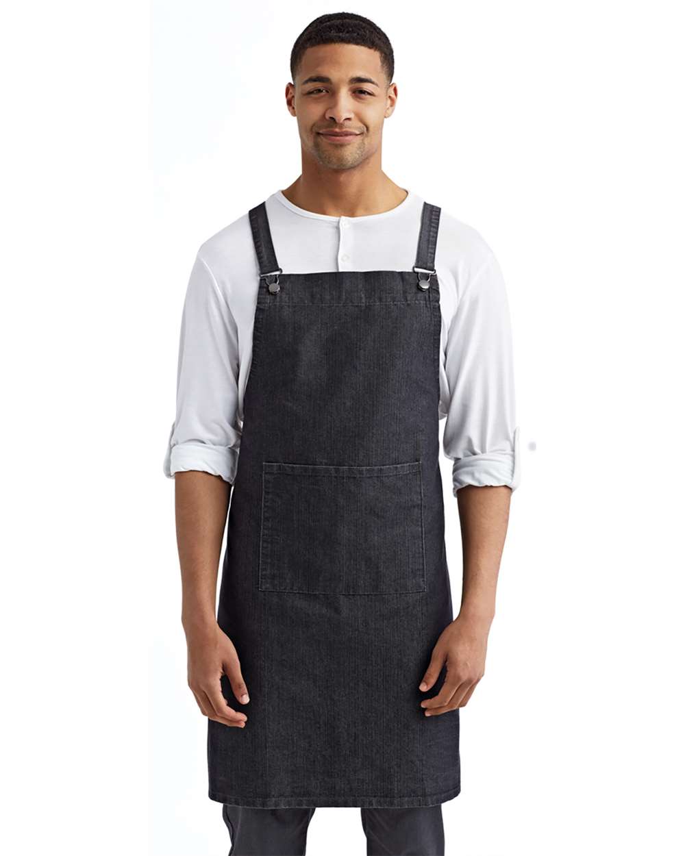 Cross Back Barista Apron with Pocket - OnModelFront - B386A1100 - Black Denim