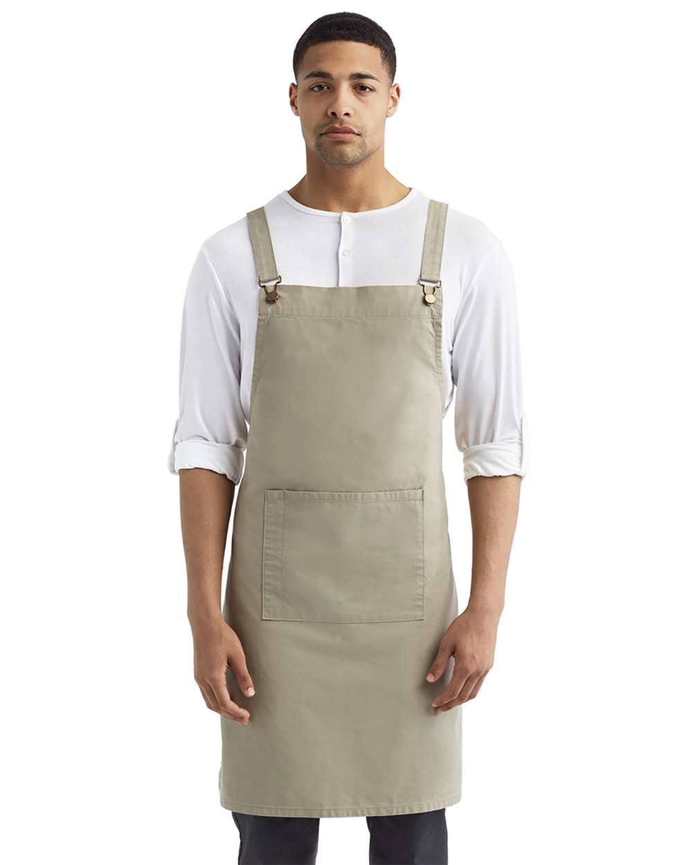 Cross Back Barista Apron with Pocket - OnModelFront - B386A1240 - Khaki