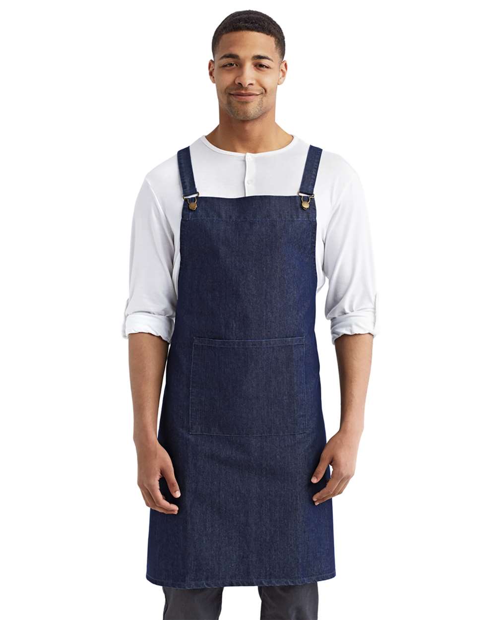 Cross Back Barista Apron with Pocket - OnModelFront - B386A1250 - Indigo Denim