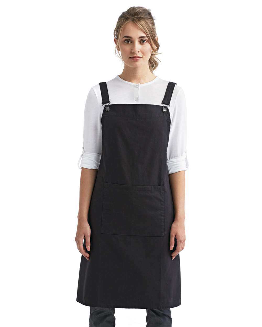 Cross Back Barista Apron with Pocket - OnModelFront - B386A1500 - Black