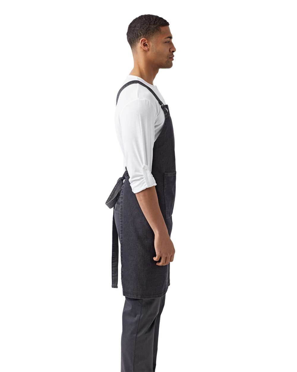 Cross Back Barista Apron with Pocket - OnModelSide - B386A1100 - Black Denim