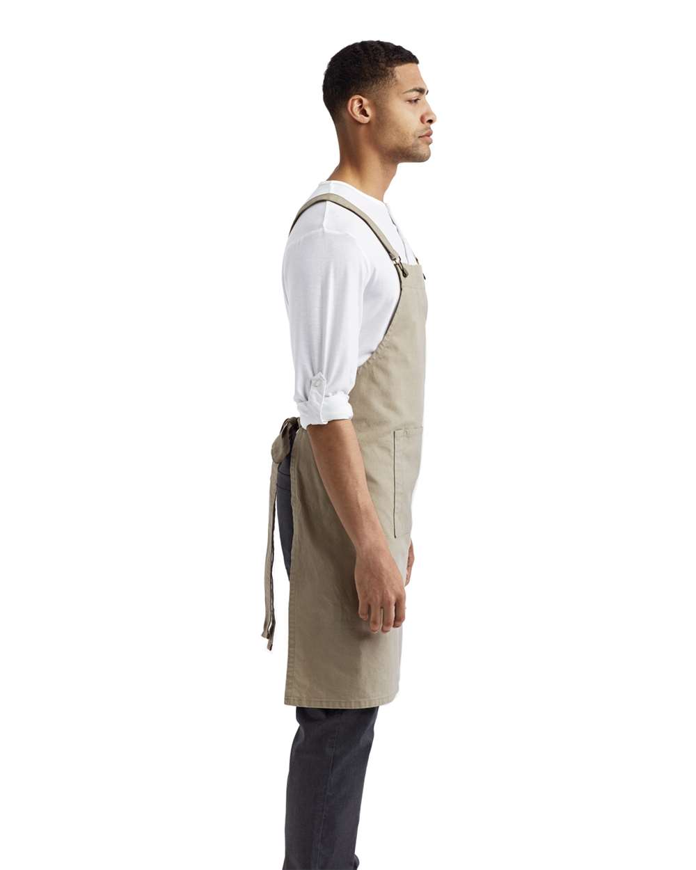 Cross Back Barista Apron with Pocket - OnModelSide - B386A1240 - Khaki