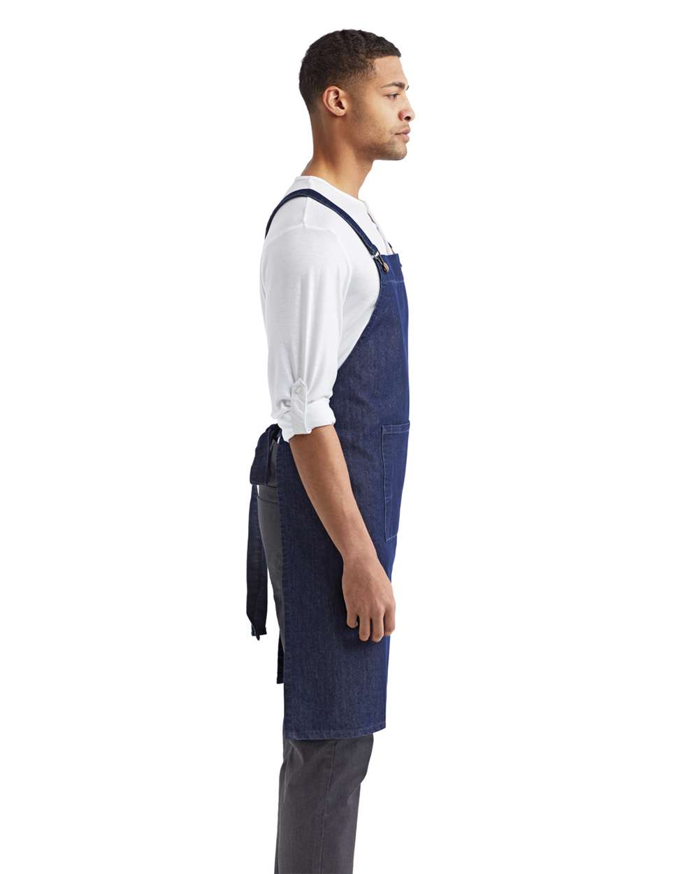 Cross Back Barista Apron with Pocket - OnModelSide - B386A1250 - Indigo Denim