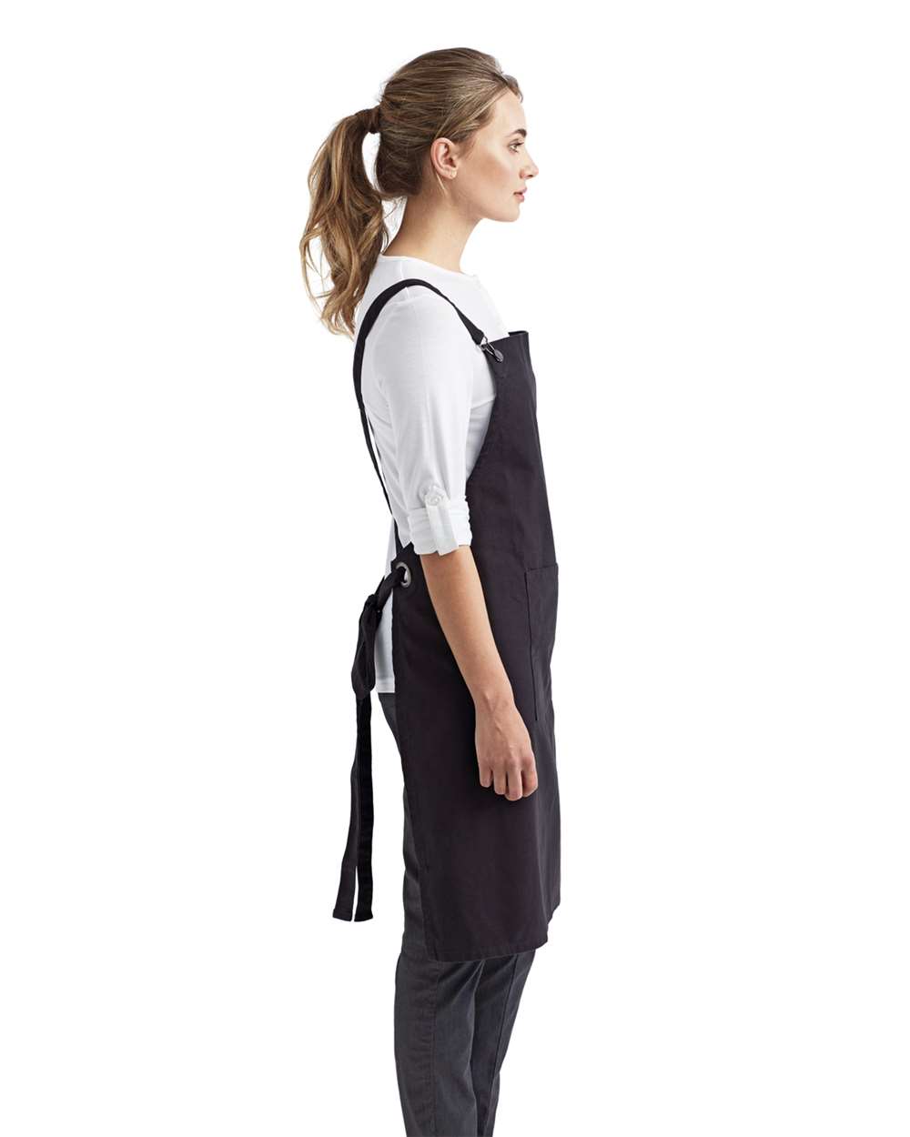 Cross Back Barista Apron with Pocket - OnModelSide - B386A1500 - Black