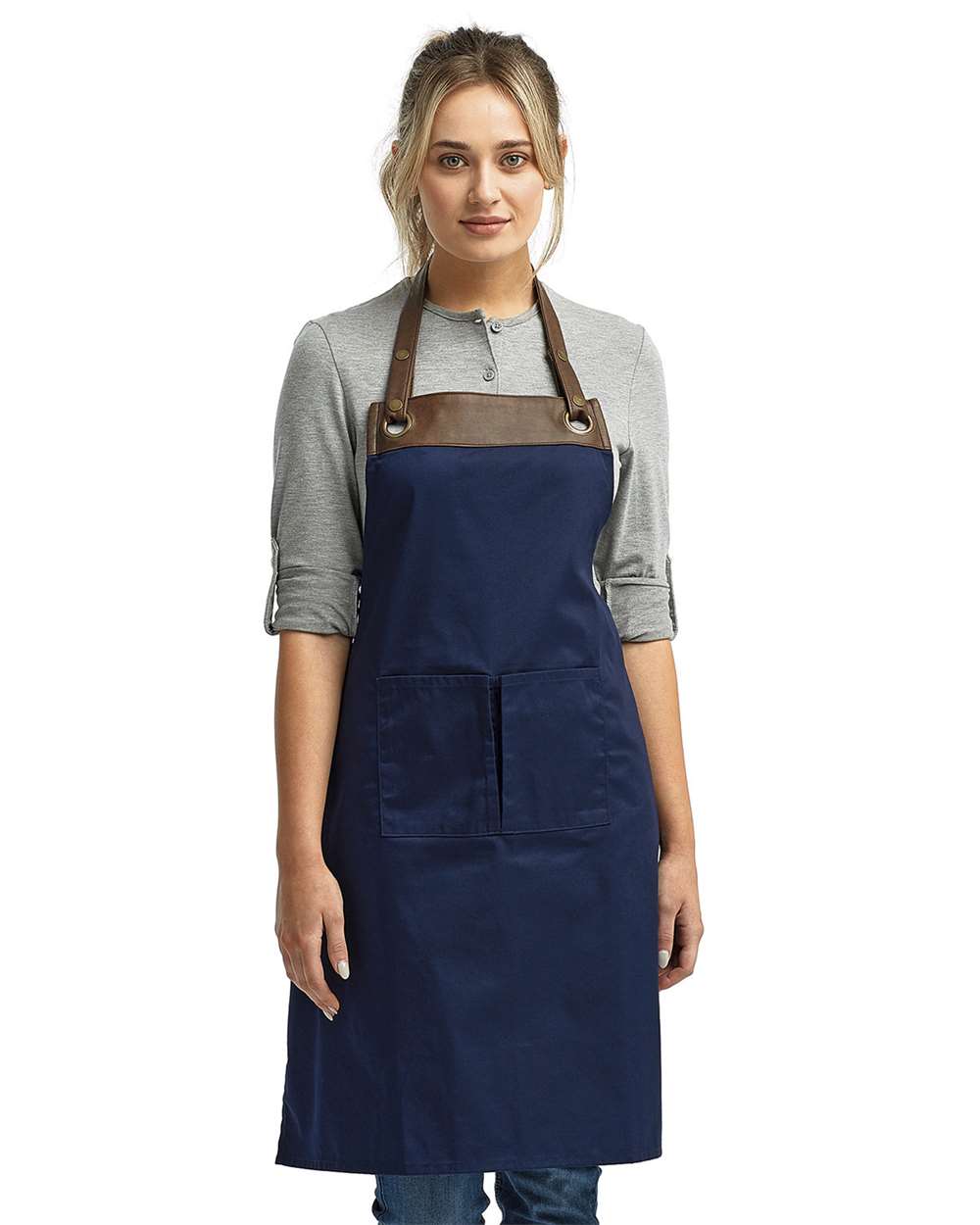 Espresso Bib Apron with Pocket - OnModelFront - B381A1650 - Navy/ Brown