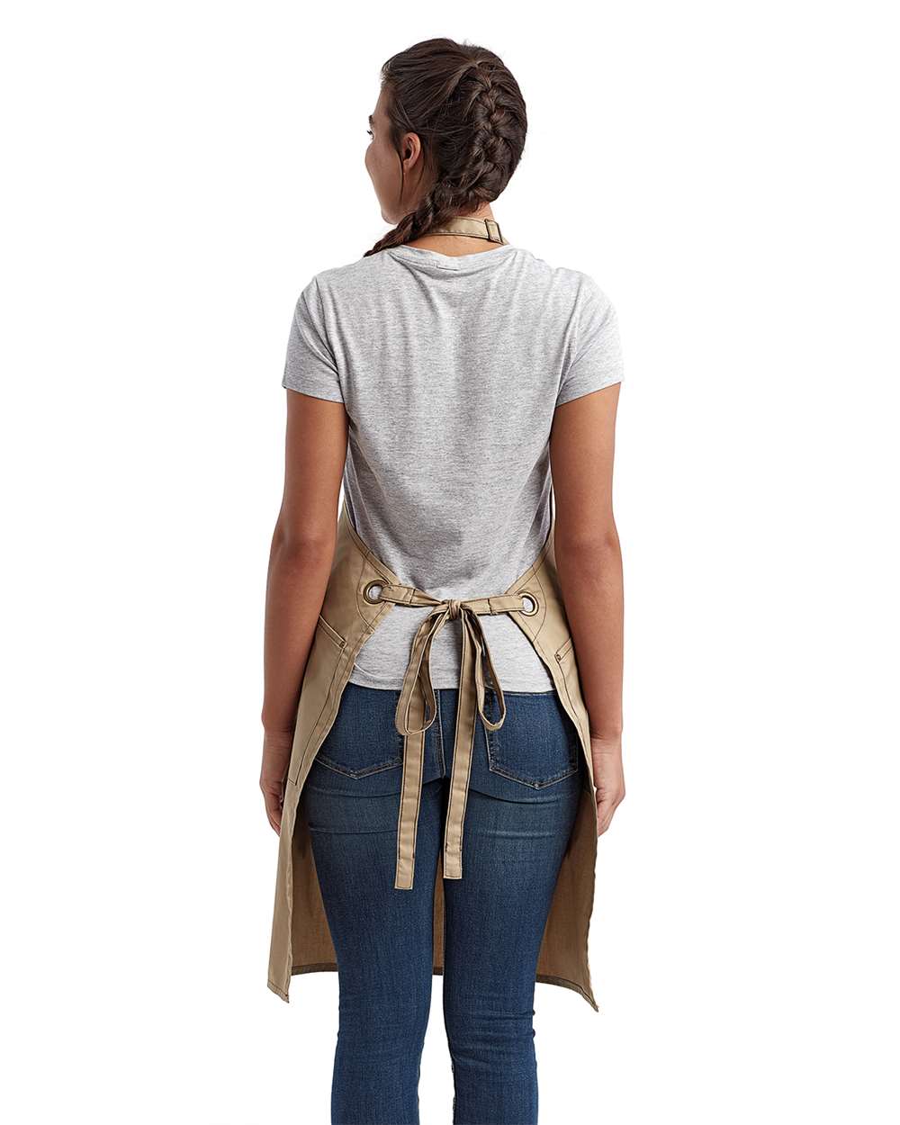 Barley Recycled Bib Apron with Pocket - OnModelBack - B379A1240 - Khaki/ Brown