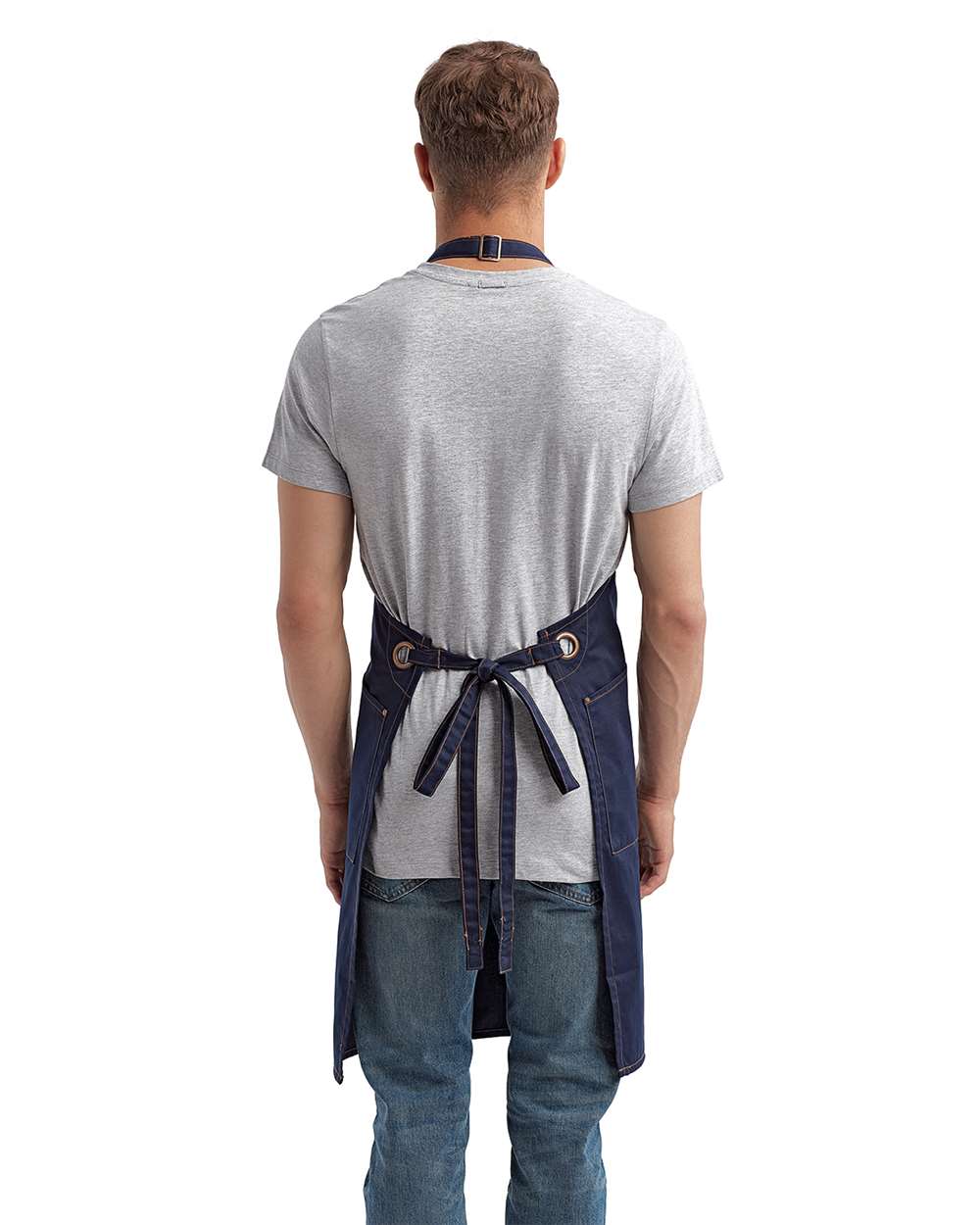 Barley Recycled Bib Apron with Pocket - OnModelBack - B379A1650 - Navy/ Camel