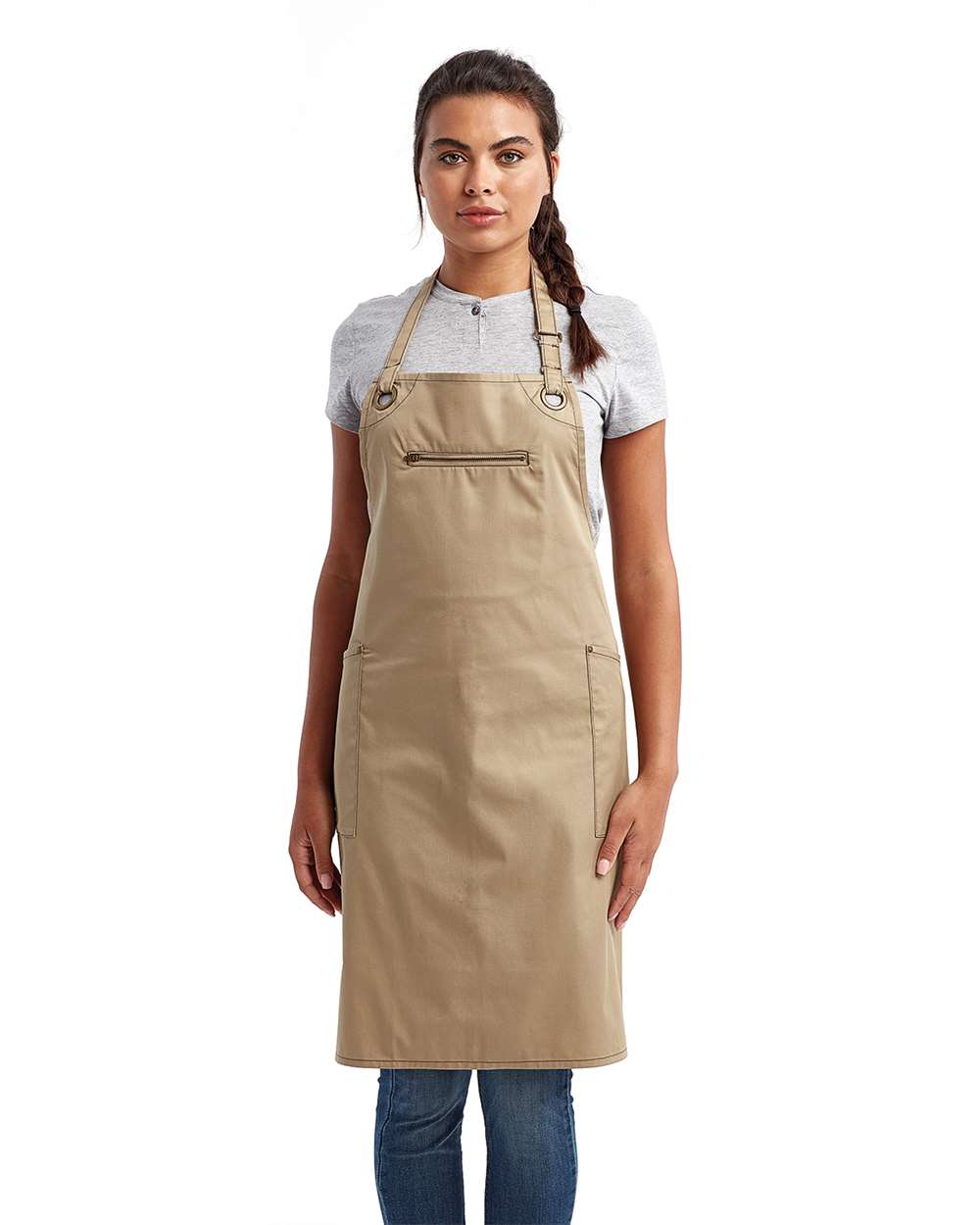 Barley Recycled Bib Apron with Pocket - OnModelFront - B379A1240 - Khaki/ Brown