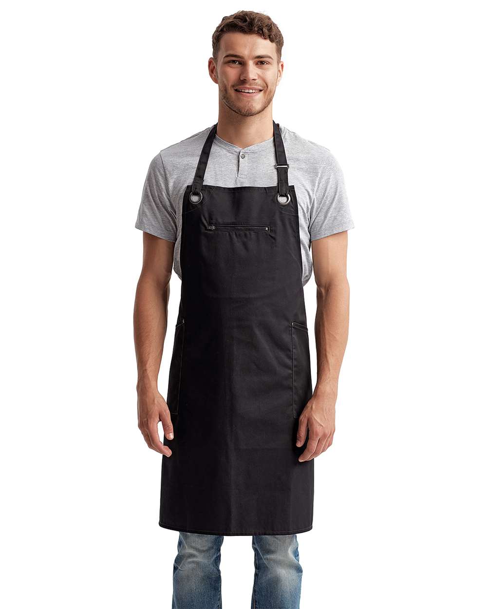 Barley Recycled Bib Apron with Pocket - OnModelFront - B379A1500 - Black/ Charcoal