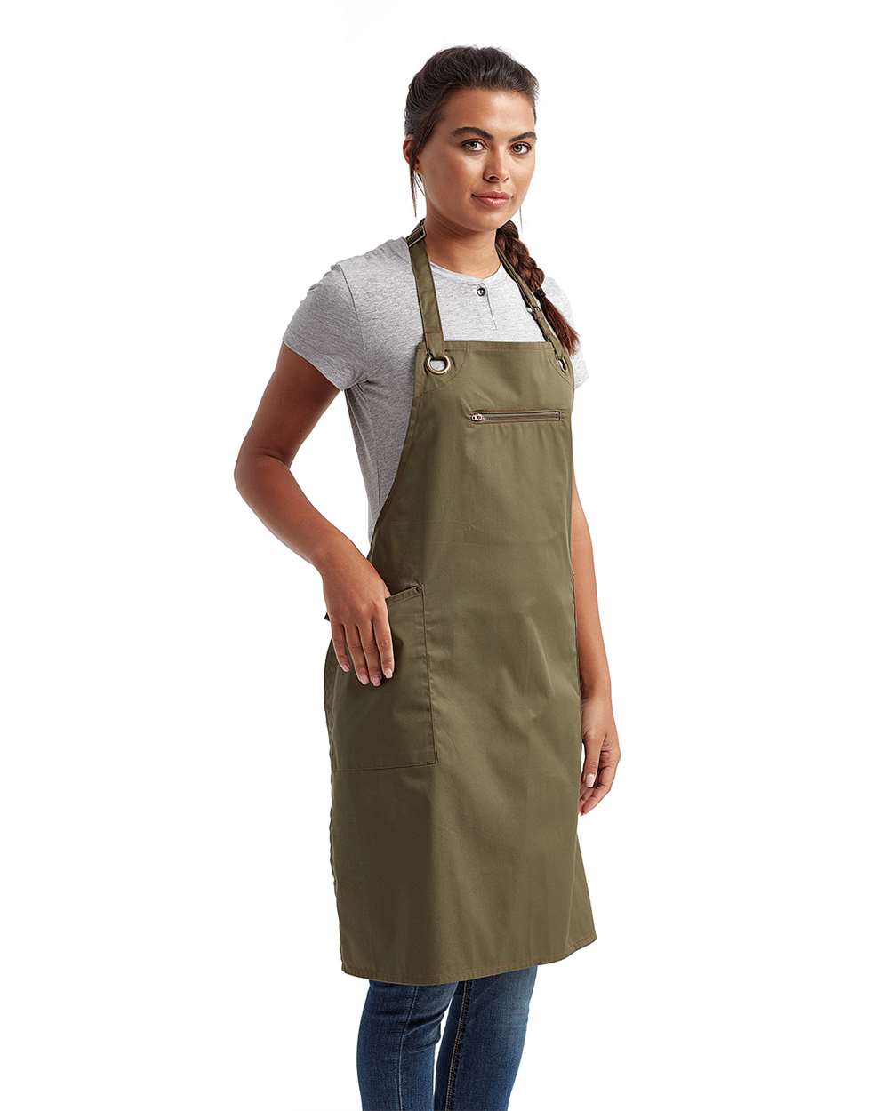 Barley Recycled Bib Apron with Pocket - OnModelSide - B379A1540 - Olive/ Chestnut