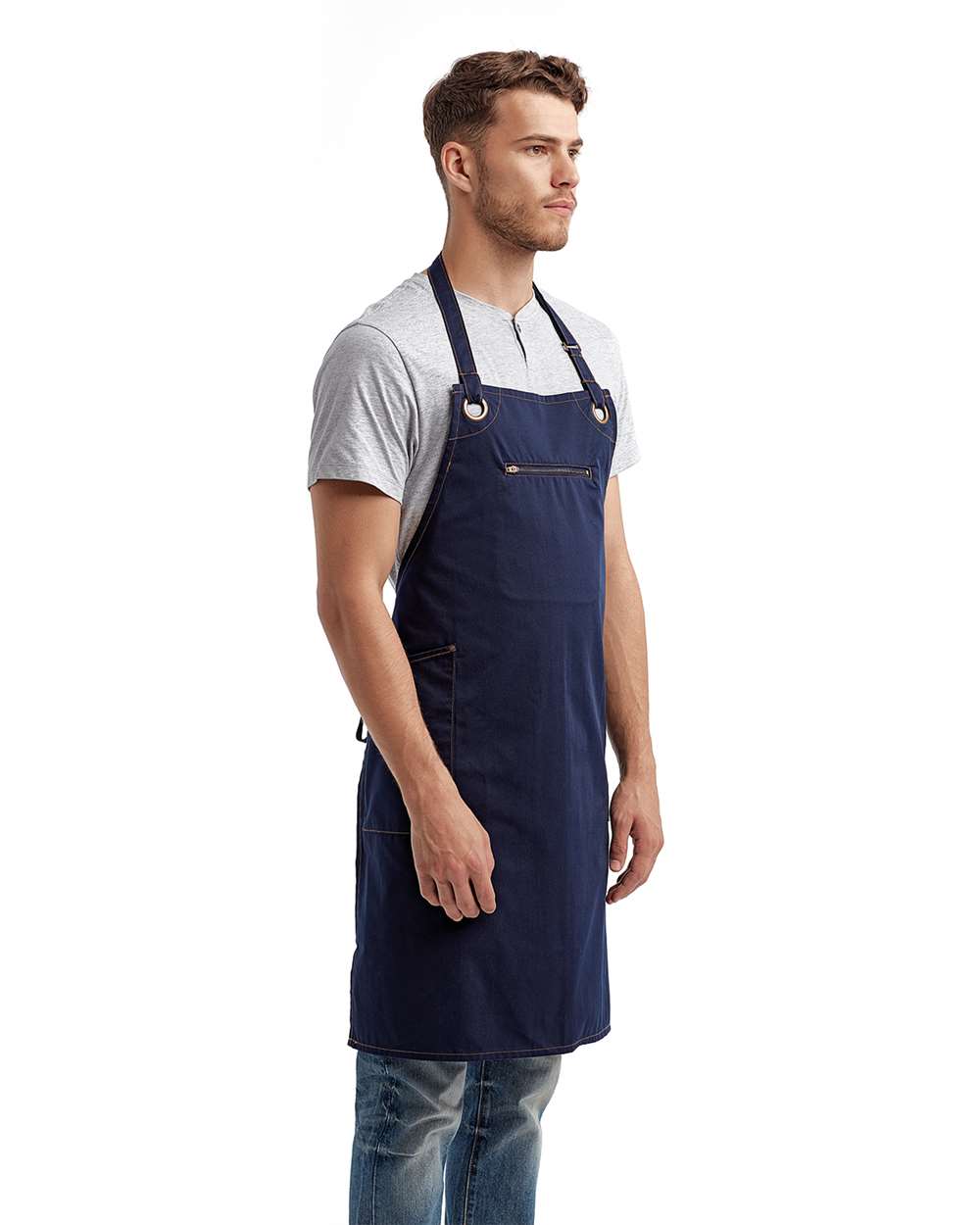 Barley Recycled Bib Apron with Pocket - OnModelSide - B379A1650 - Navy/ Camel