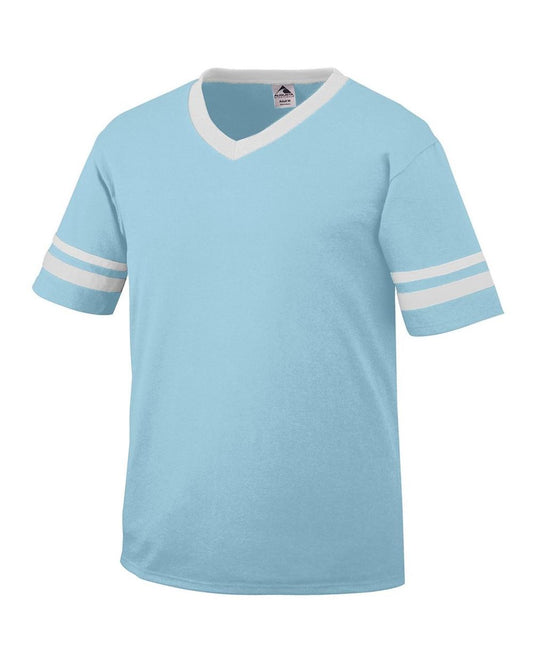 V-Neck Jersey with Striped Sleeves - Side - B06334053 - Aqua/ White