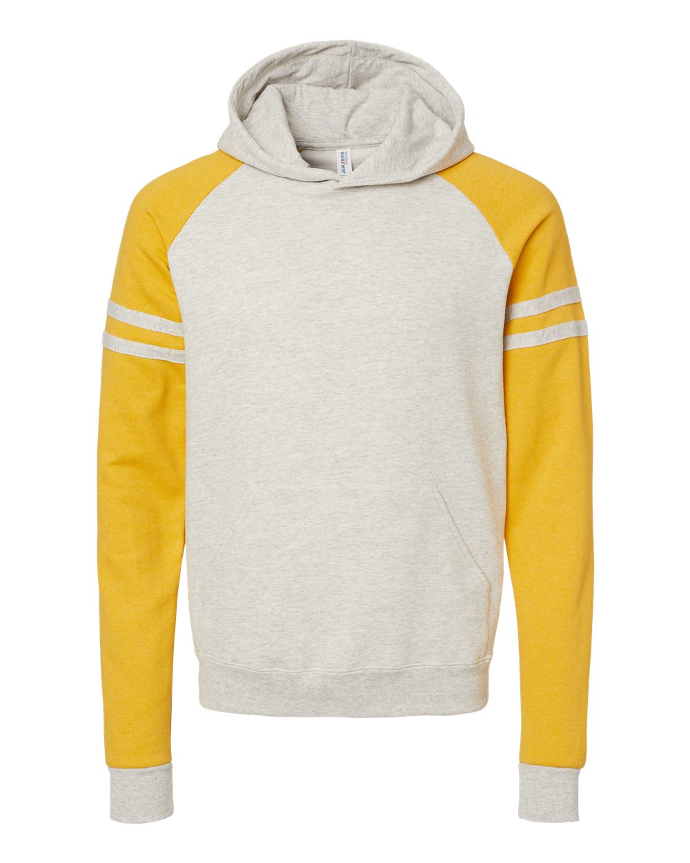 Unisex Nublend® Varsity Colorblocked Raglan Hooded Sweatshirt - Front - B00835123 - Oatmeal Heather/ Mustard Heather