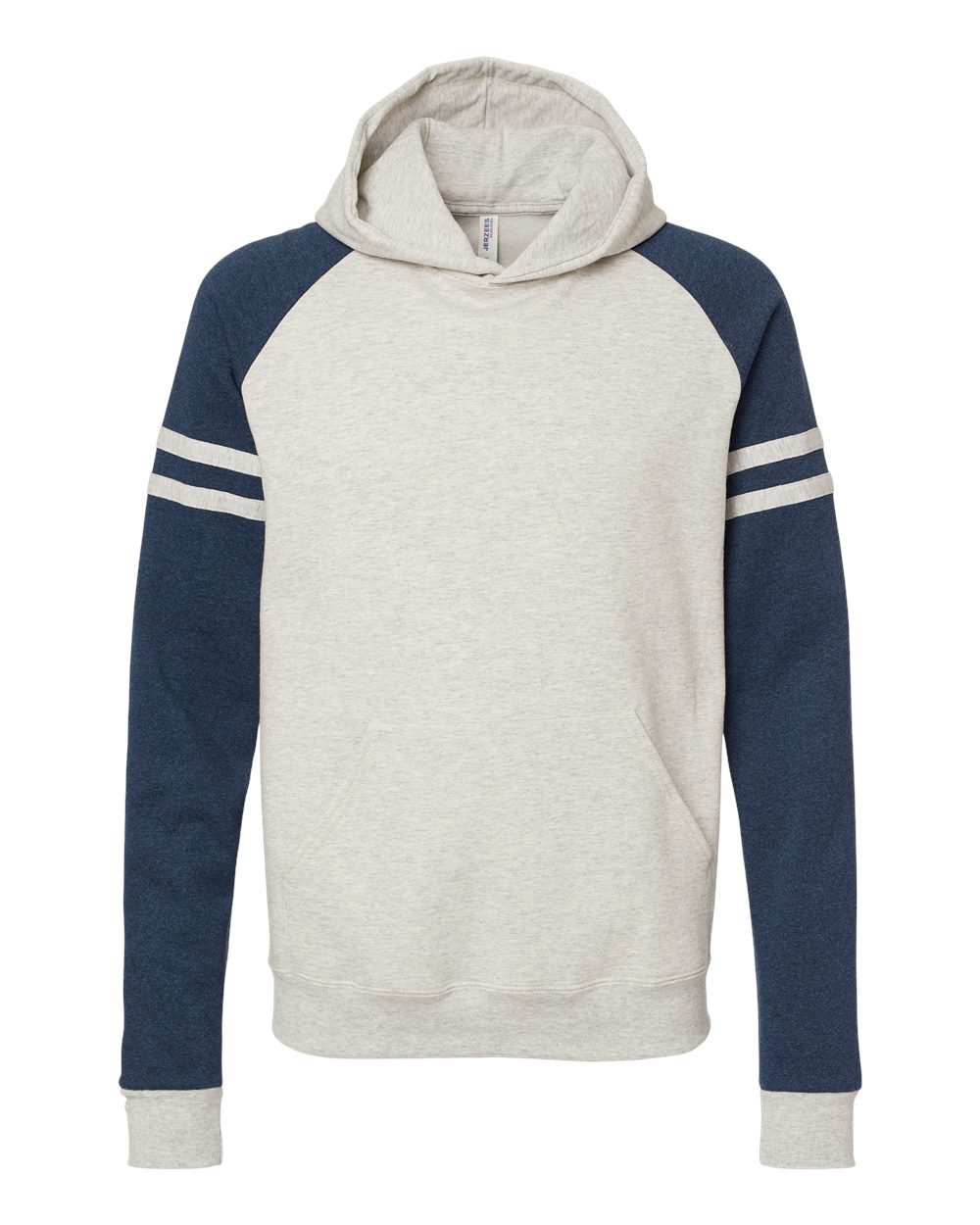 Unisex Nublend® Varsity Colorblocked Raglan Hooded Sweatshirt - Front - B00835653 - Oatmeal Heather/ Indigo Heather