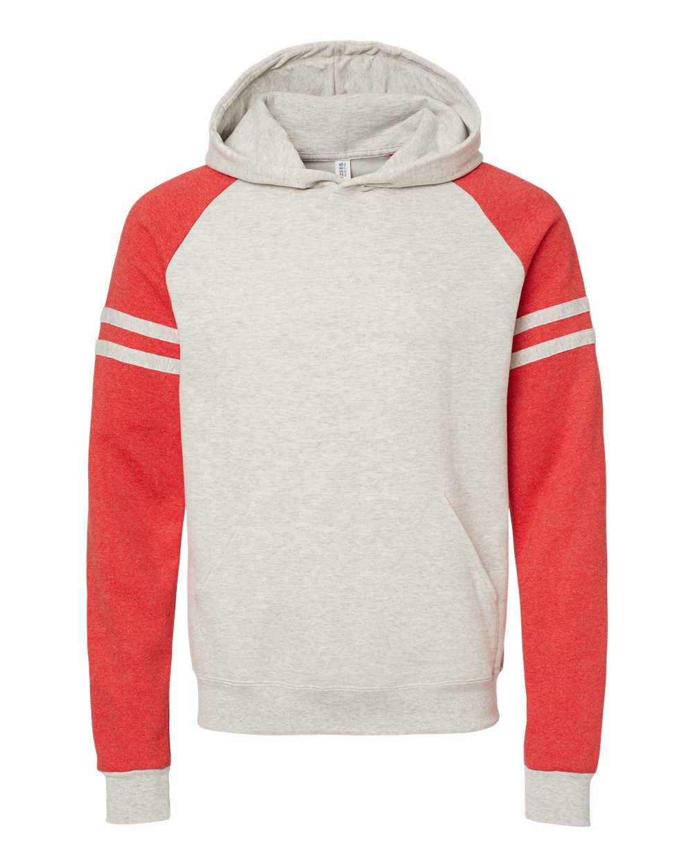 Unisex Nublend® Varsity Colorblocked Raglan Hooded Sweatshirt - Front - B00835703 - Oatmeal Heather/ Fiery Red Heather