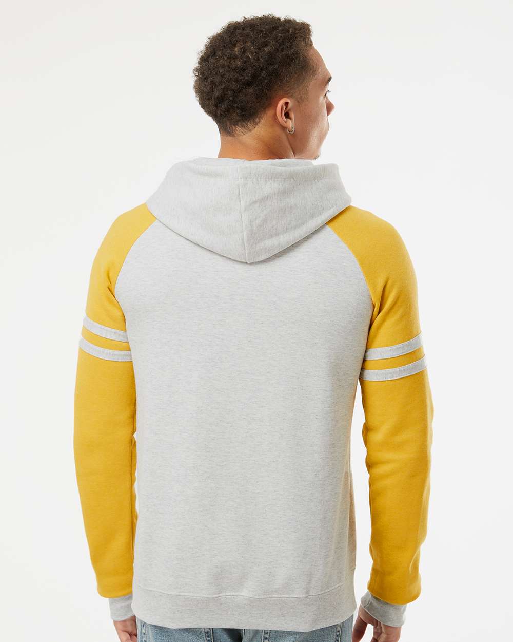 Unisex Nublend® Varsity Colorblocked Raglan Hooded Sweatshirt - OnModelBack - B00835123 - Oatmeal Heather/ Mustard Heather