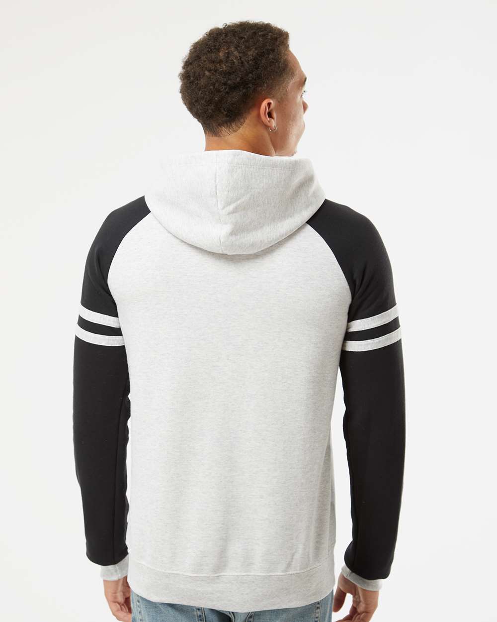 Unisex Nublend® Varsity Colorblocked Raglan Hooded Sweatshirt - OnModelBack - B00835243 - Oatmeal Heather/ Black Ink