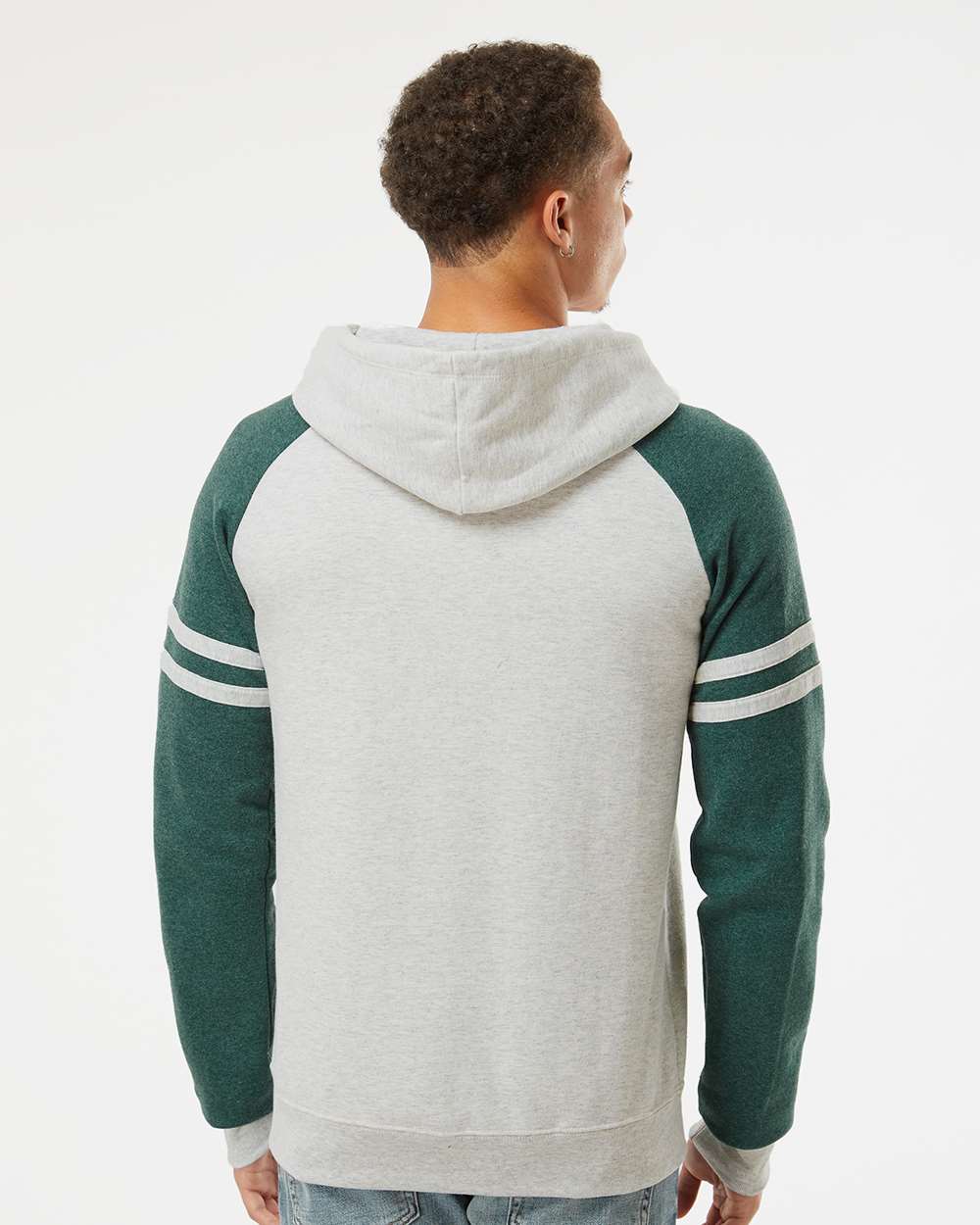 Unisex Nublend® Varsity Colorblocked Raglan Hooded Sweatshirt - OnModelBack - B00835543 - Oatmeal Heather/ Forest Green Heather