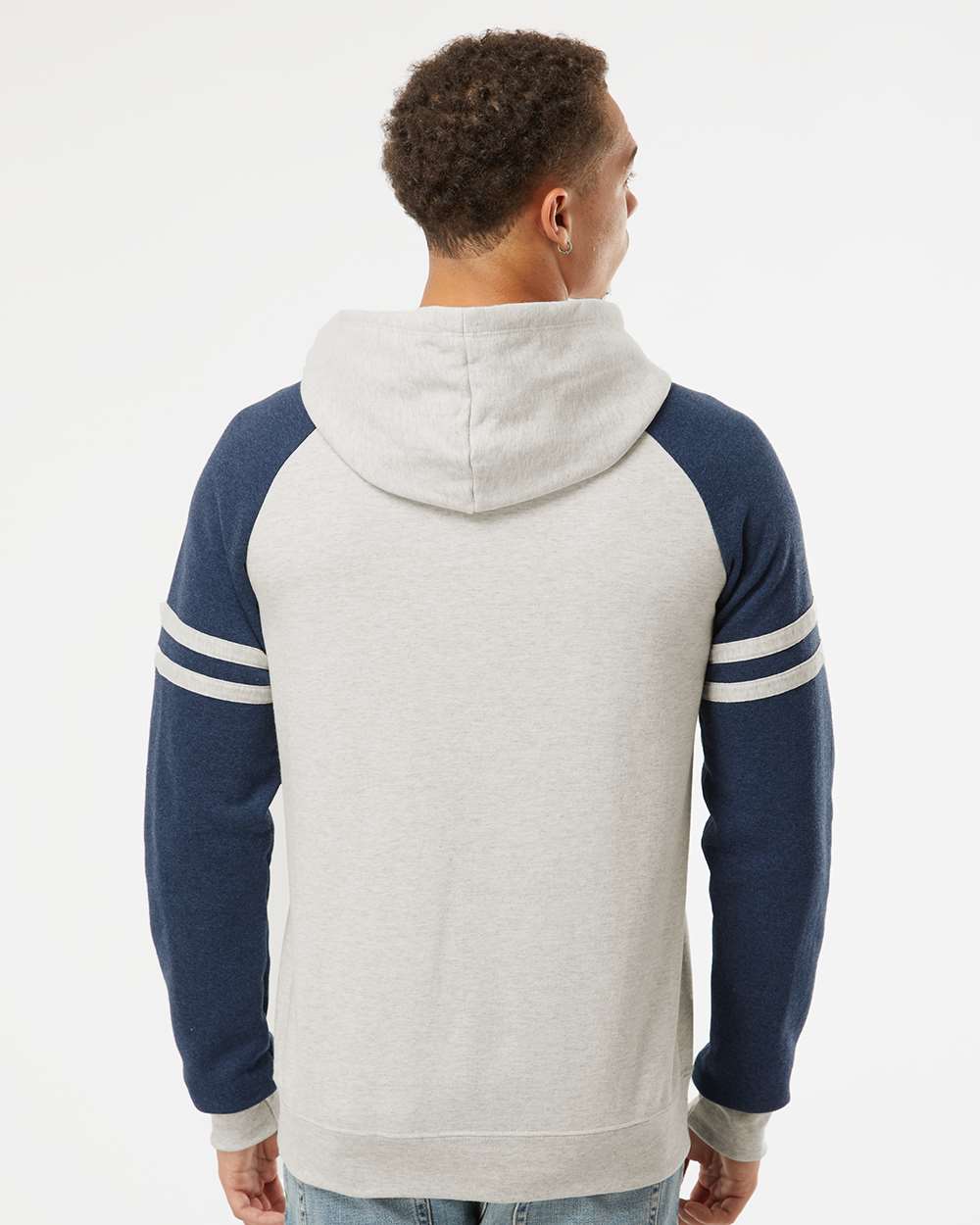 Unisex Nublend® Varsity Colorblocked Raglan Hooded Sweatshirt - OnModelBack - B00835653 - Oatmeal Heather/ Indigo Heather