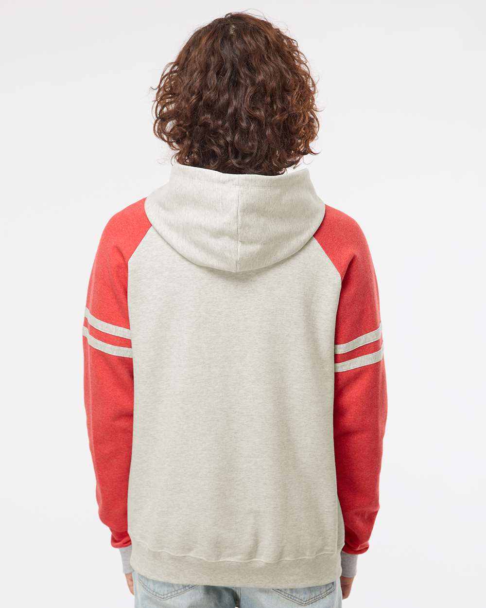 Unisex Nublend® Varsity Colorblocked Raglan Hooded Sweatshirt - OnModelBack - B00835703 - Oatmeal Heather/ Fiery Red Heather