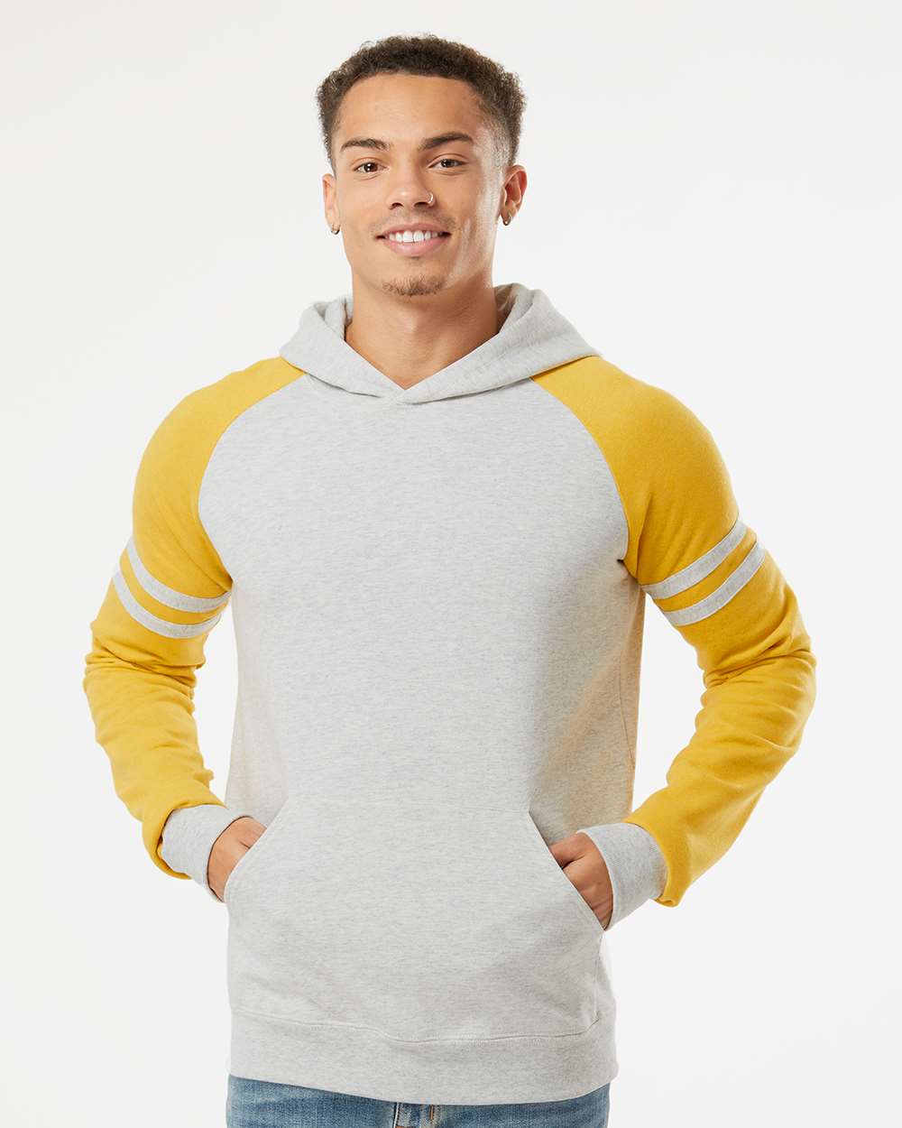 Unisex Nublend® Varsity Colorblocked Raglan Hooded Sweatshirt - OnModelFront - B00835123 - Oatmeal Heather/ Mustard Heather