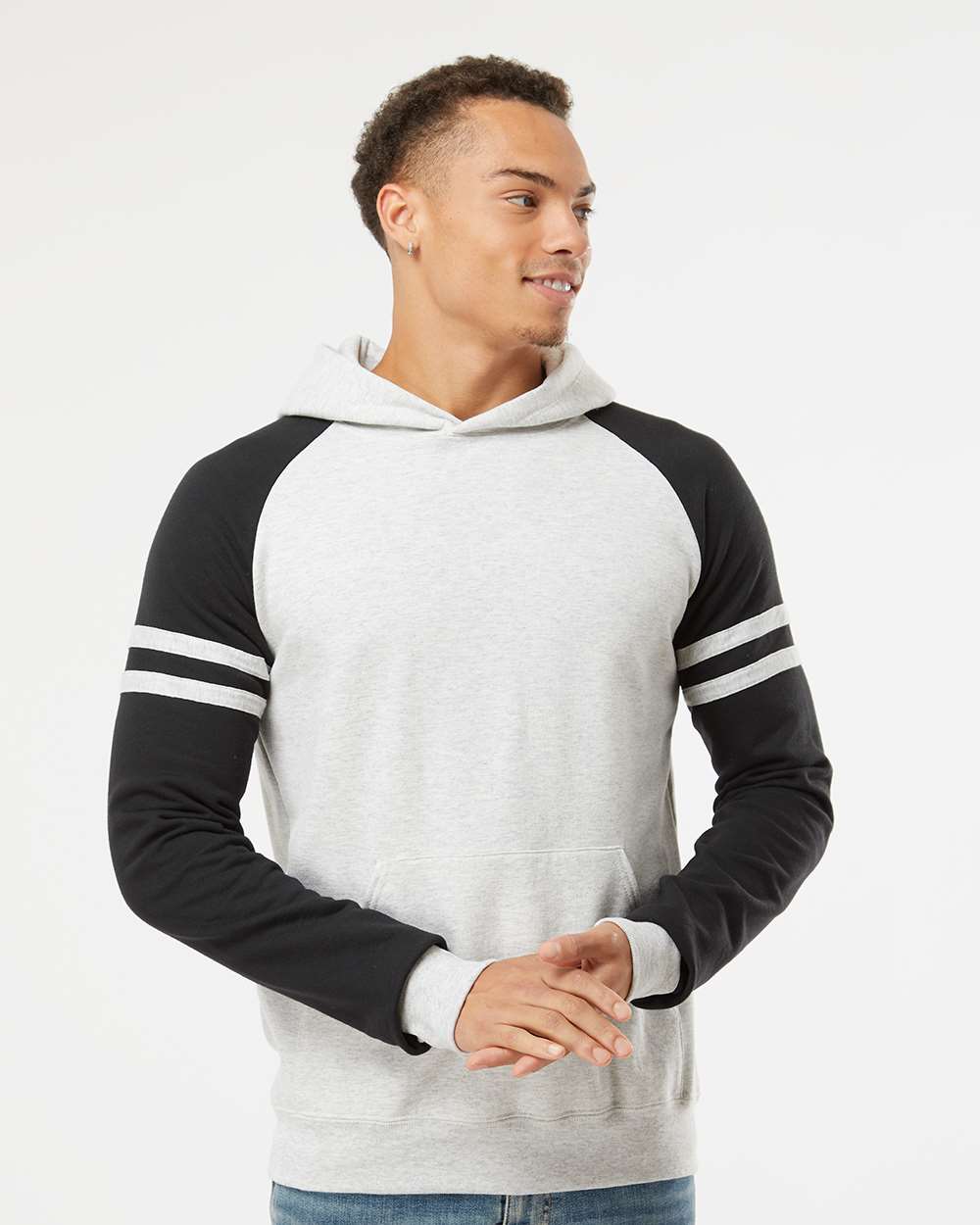 Unisex Nublend® Varsity Colorblocked Raglan Hooded Sweatshirt - OnModelFront - B00835243 - Oatmeal Heather/ Black Ink