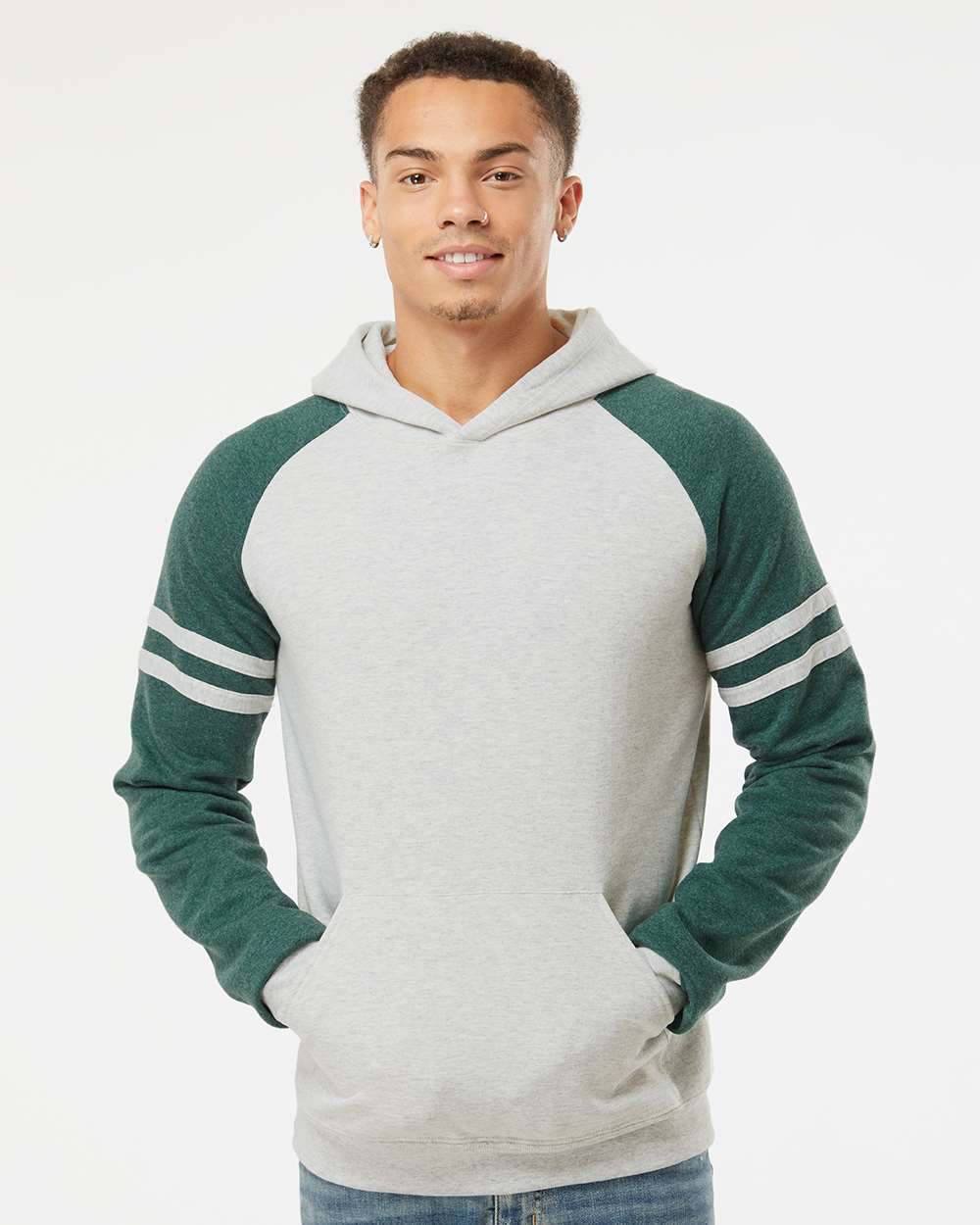 Unisex Nublend® Varsity Colorblocked Raglan Hooded Sweatshirt - OnModelFront - B00835543 - Oatmeal Heather/ Forest Green Heather