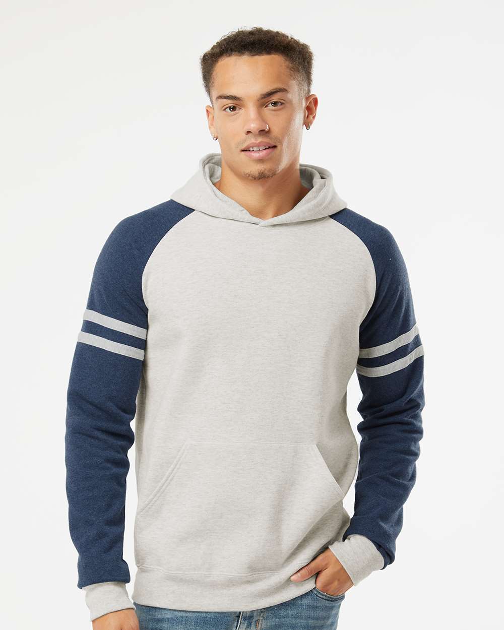 Unisex Nublend® Varsity Colorblocked Raglan Hooded Sweatshirt - OnModelFront - B00835653 - Oatmeal Heather/ Indigo Heather