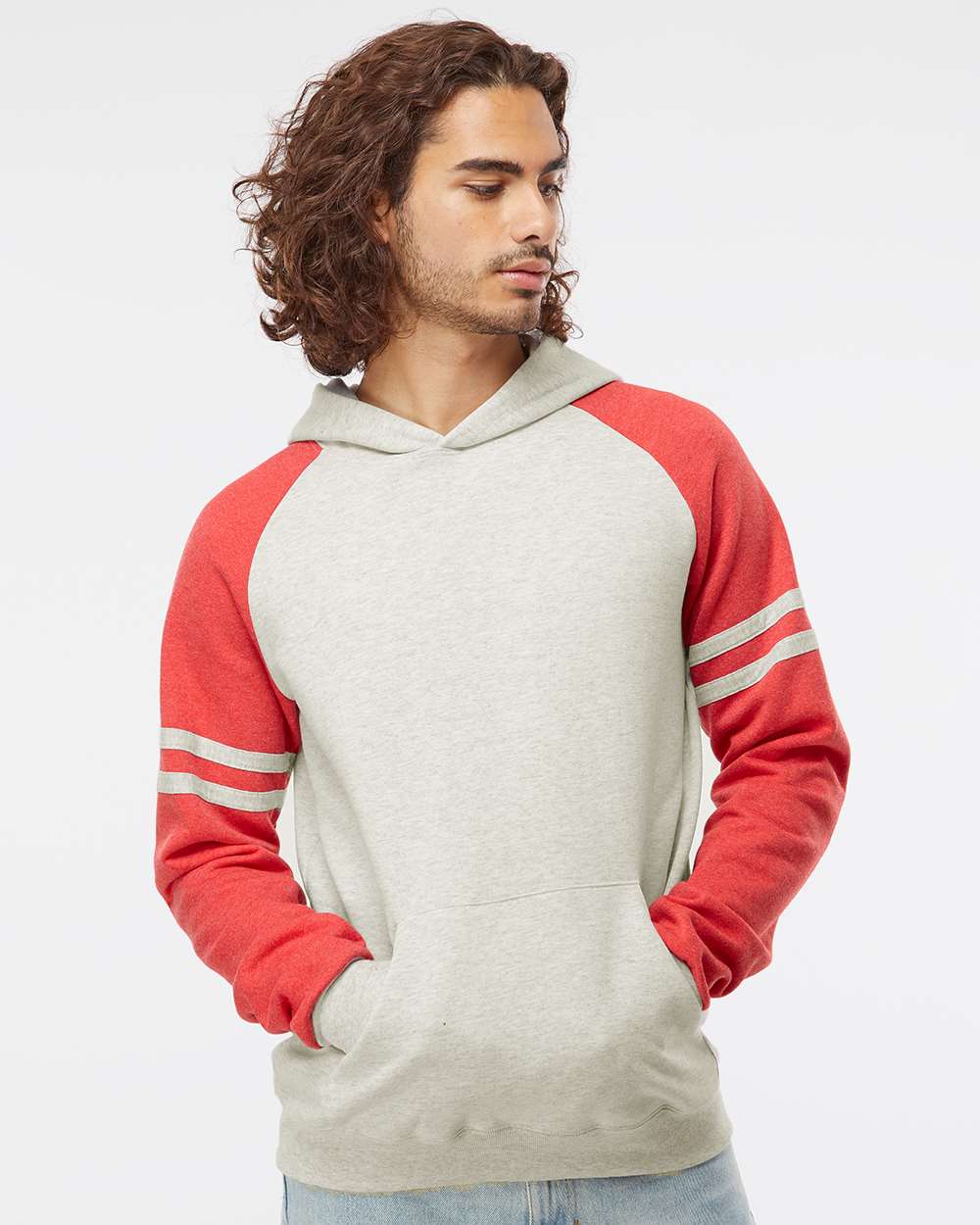Unisex Nublend® Varsity Colorblocked Raglan Hooded Sweatshirt - OnModelFront - B00835703 - Oatmeal Heather/ Fiery Red Heather