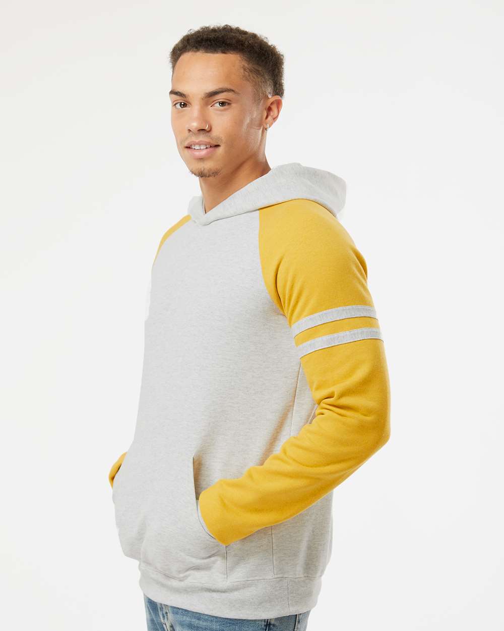 Unisex Nublend® Varsity Colorblocked Raglan Hooded Sweatshirt - OnModelSide - B00835123 - Oatmeal Heather/ Mustard Heather