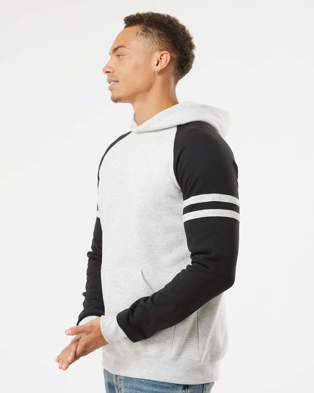 Unisex Nublend® Varsity Colorblocked Raglan Hooded Sweatshirt - OnModelSide - B00835243 - Oatmeal Heather/ Black Ink
