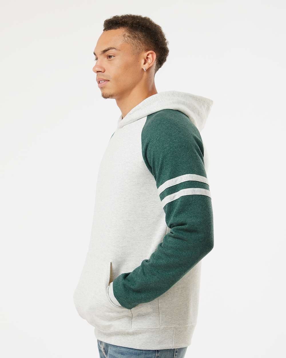 Unisex Nublend® Varsity Colorblocked Raglan Hooded Sweatshirt - OnModelSide - B00835543 - Oatmeal Heather/ Forest Green Heather