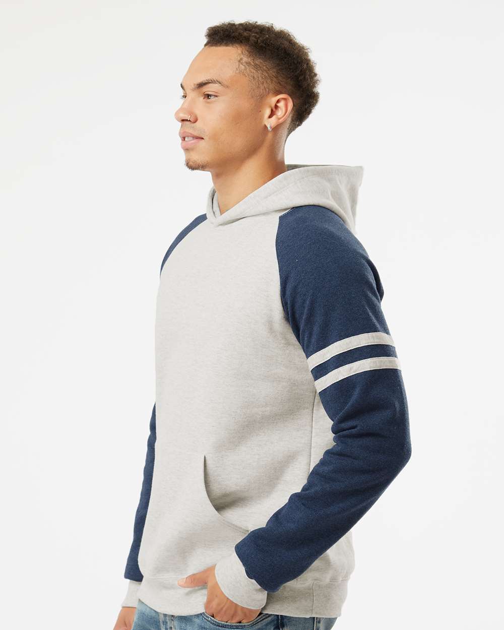 Unisex Nublend® Varsity Colorblocked Raglan Hooded Sweatshirt - OnModelSide - B00835653 - Oatmeal Heather/ Indigo Heather