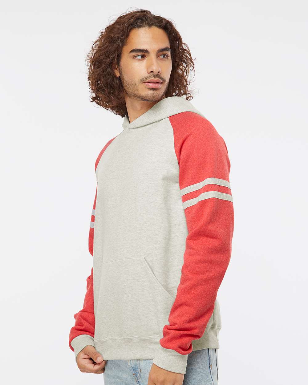 Unisex Nublend® Varsity Colorblocked Raglan Hooded Sweatshirt - OnModelSide - B00835703 - Oatmeal Heather/ Fiery Red Heather