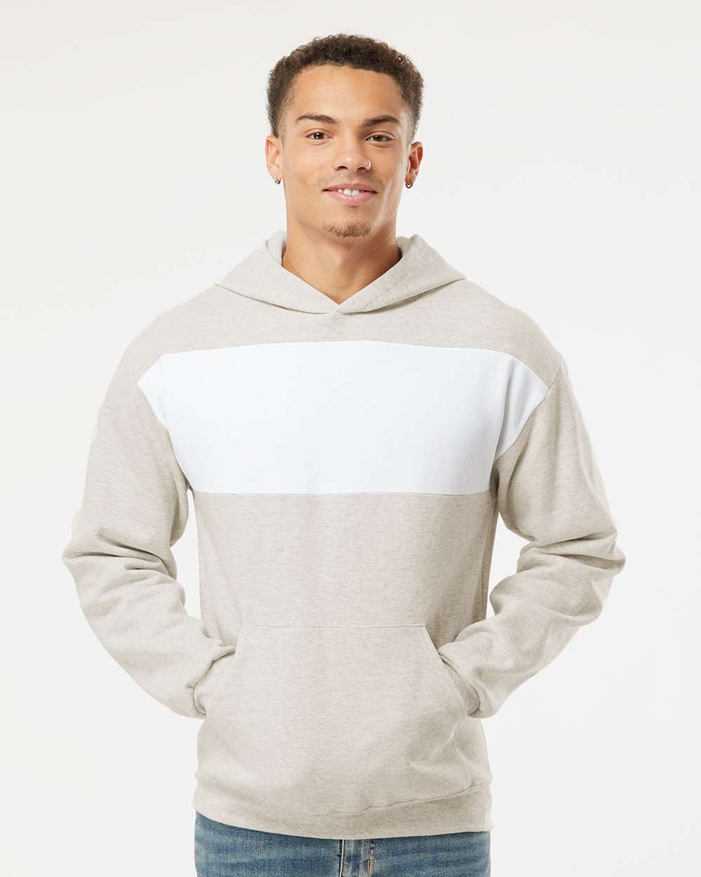 Unisex Nublend® Billboard Hooded Sweatshirt - OnModelFront - B00935096 - Oatmeal Heather/ White