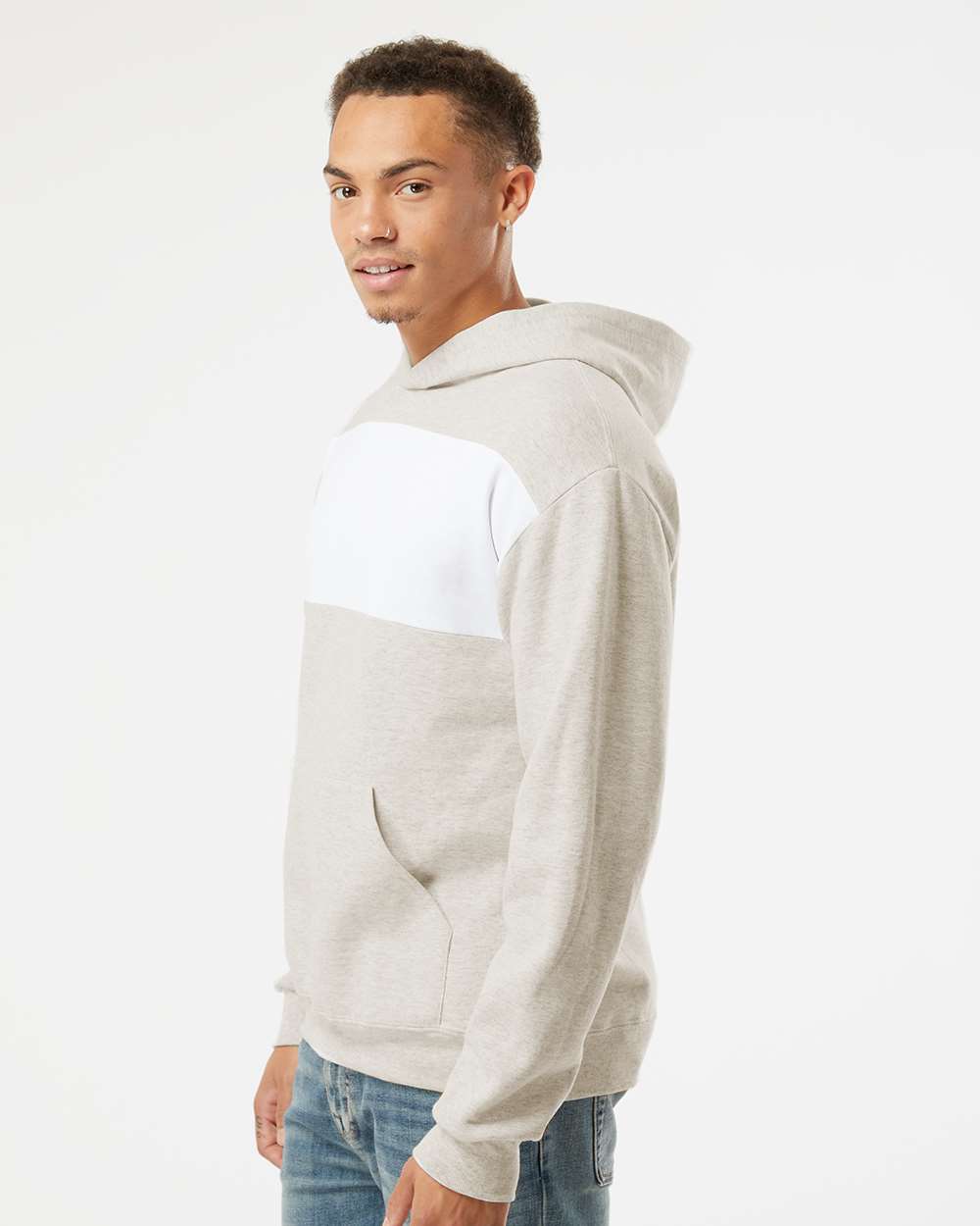 Unisex Nublend® Billboard Hooded Sweatshirt - OnModelSide - B00935096 - Oatmeal Heather/ White
