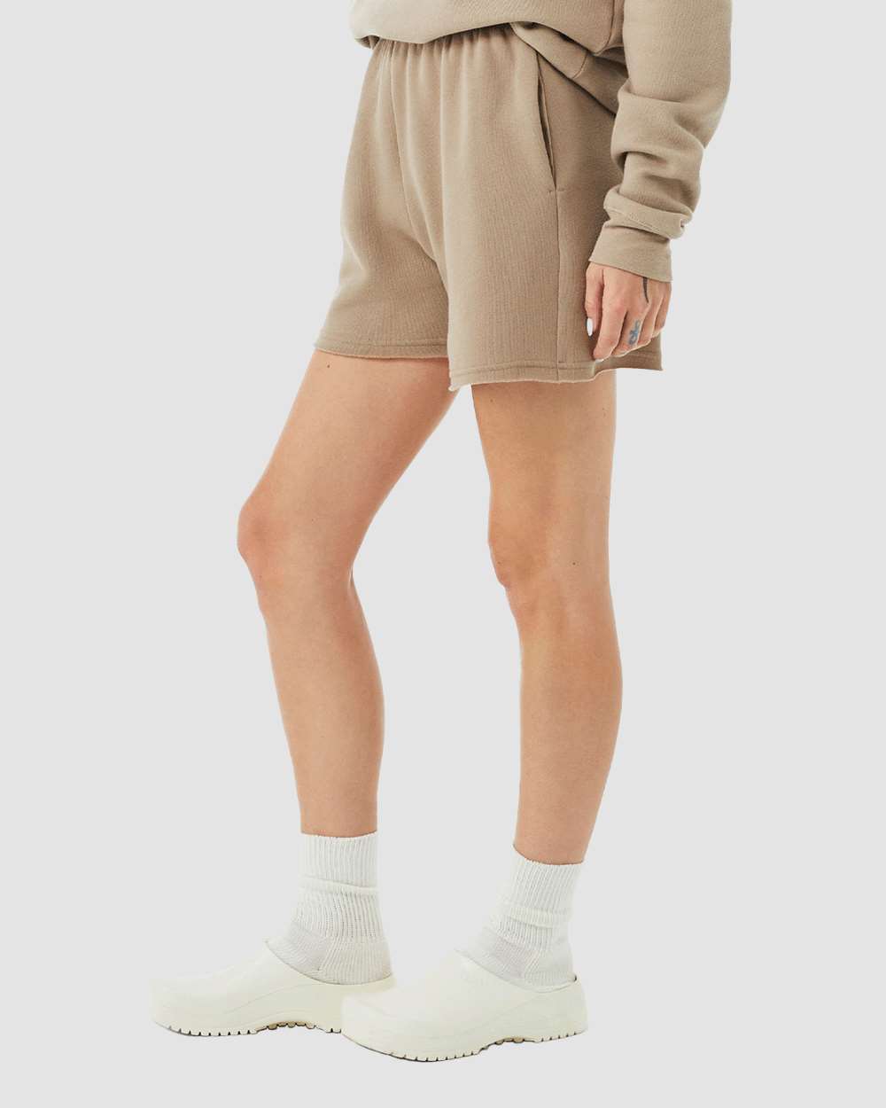 Women's Cutoff Fleece Shorts - OnModelSide - B04406363 - Tan