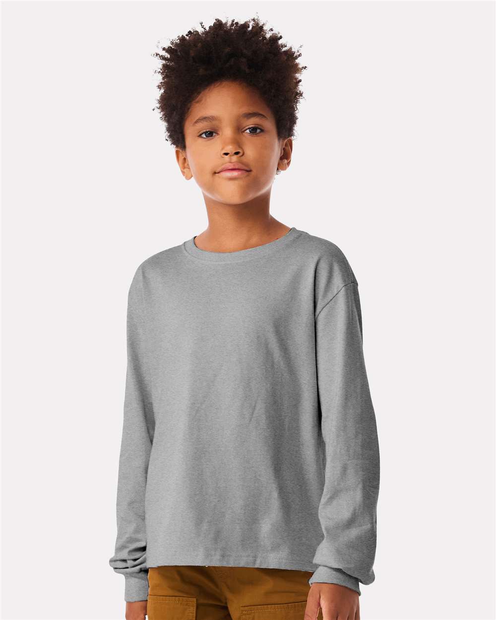 Youth 6oz. Heavyweight Long Sleeve Tee - OnModelFront - B08106583 - Athletic Heather