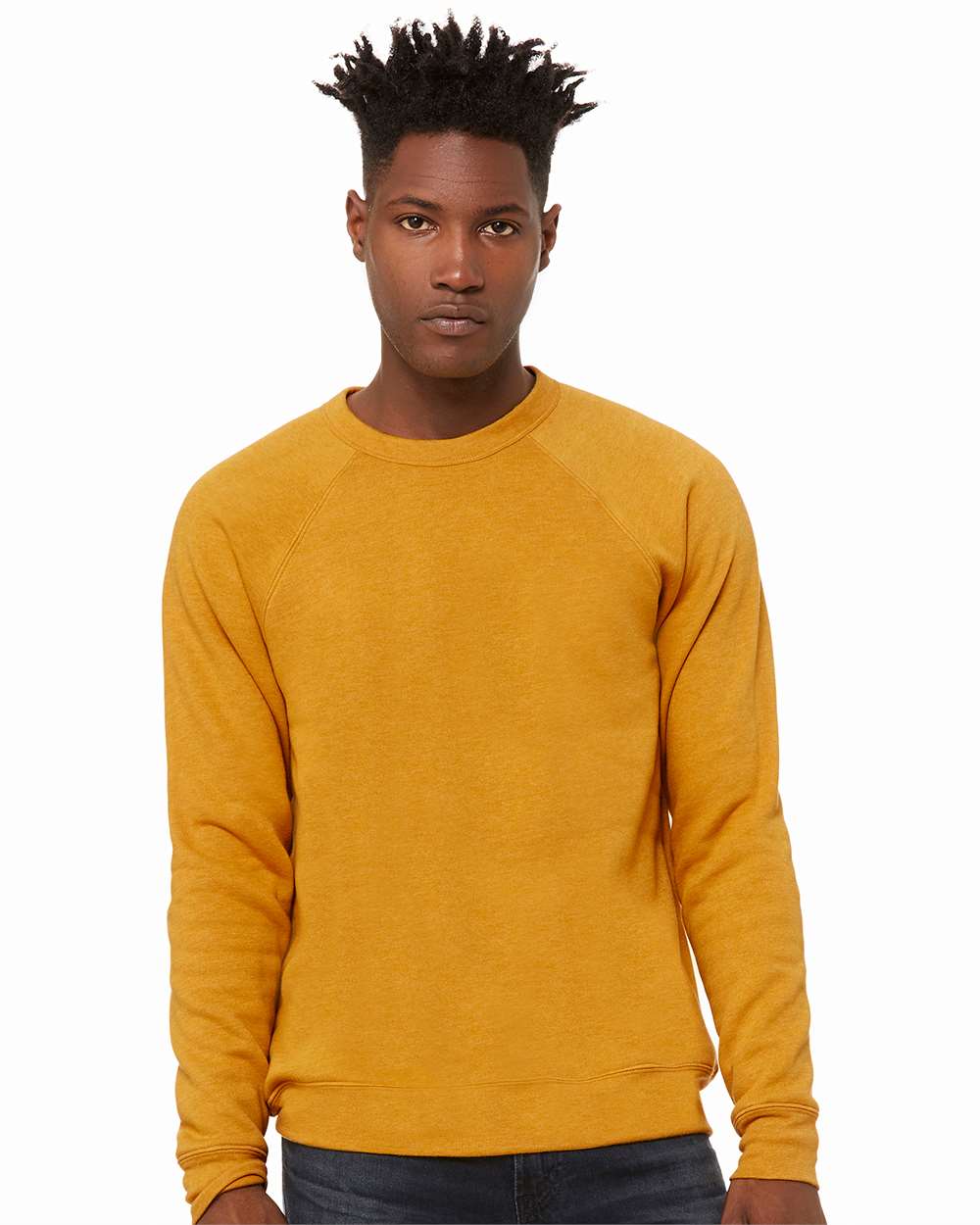 Unisex Sponge Fleece Raglan Crewneck Sweatshirt - OnModelFront - B85106402 - Heather Mustard