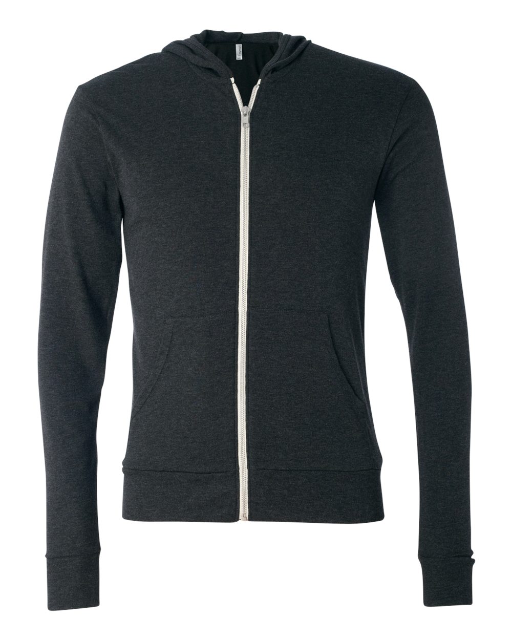 Unisex Triblend Lightweight Full-Zip Hooded Long Sleeve Tee - Front - B08906092 - Charcoal Black Triblend