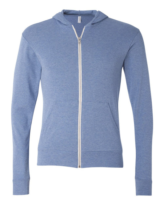 Unisex Triblend Lightweight Full-Zip Hooded Long Sleeve Tee - Front - B08906252 - Blue Triblend