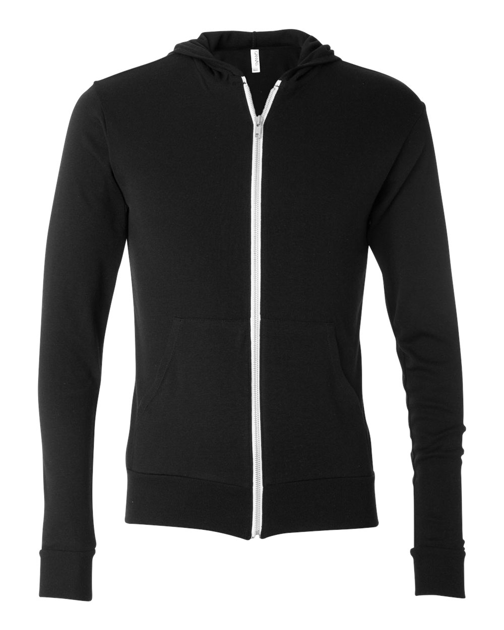 Unisex Triblend Lightweight Full-Zip Hooded Long Sleeve Tee - Front - B08906502 - Solid Black Triblend